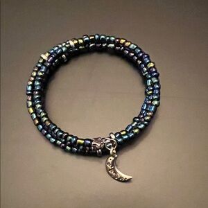 Hand Crafted Blue Beaded Bracelet with Moon Charm